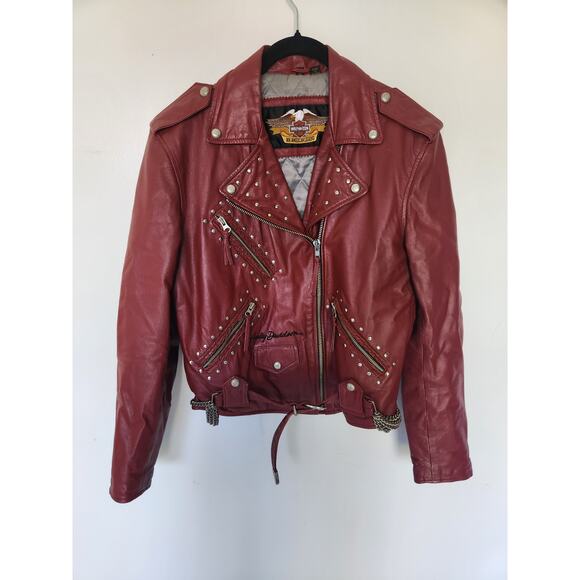 Harley-Davidson Jackets & Blazers - Harley Davidson Women's Red Leather Biker Jacket Size Small Studded Zippers